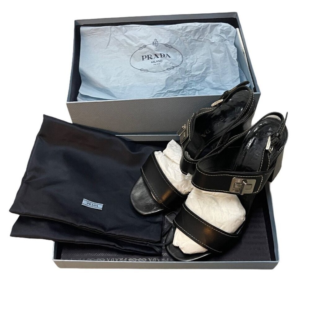 Prada Size 39.5 Leather Turnlock Slingback Sandals Black Block Heel Minimalist - Picture 14 of 15